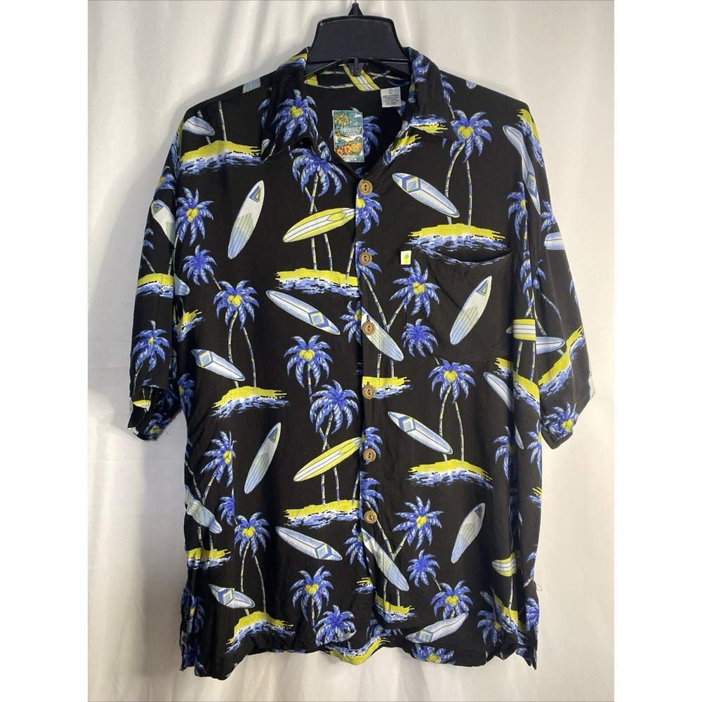 Pineapple Moon Hawaiian Shirt Mens L Black Surfboard Palm Tree Excellent Rayon